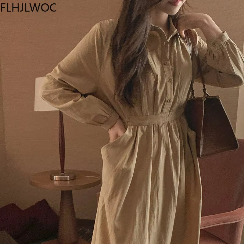 Chic Korean Romantic Women Temperament Office Lady Elegant Work Basic Wear Girl Retro Vintage Long Shirt Dress Fenimine Vestidos