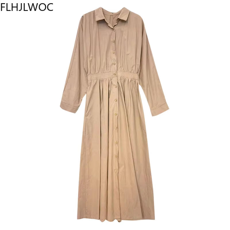 Chic Korean Romantic Women Temperament Office Lady Elegant Work Basic Wear Girl Retro Vintage Long Shirt Dress Fenimine Vestidos