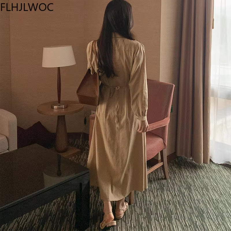 Chic Korean Romantic Women Temperament Office Lady Elegant Work Basic Wear Girl Retro Vintage Long Shirt Dress Fenimine Vestidos